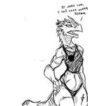  ambiguous_gender anthro athletic black_and_white clothed clothing dialogue guoh half_open_eye hand_on_hip kobold monochrome open_mouth scalie scar sharp_teeth simple_background skimpy solo teeth text underwear white_background 