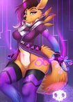  2017 anthro breasts chloe-dog clothing coat cosplay digimon dipstick_tail eyebrows eyelashes eyeshadow female fingerless_gloves fluffy fluffy_tail fur gloves hologram legwear looking_at_viewer makeup multicolored_tail overwatch pussy renamon science_fiction solo sombra_(overwatch) tattoo thigh_highs video_games yellow_fur 