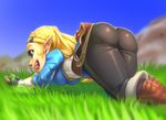  amphibian blonde_hair blue_eyes breath_of_the_wild butt clothed clothing female feral fingerless_gloves frog gloves grass hair humanoid hylian nintendo not_furry pointy_ears princess_zelda solo_focus the_legend_of_zelda thefuckingdevil video_games 