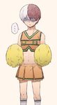  1boy abs bare_shoulders boku_no_hero_academia burn_scar cheerleader collagen crossdressing depressed facial_scar feet_out_of_frame male_focus midriff multicolored_hair navel orange_shirt orange_skirt pom_poms red_hair scar shaded_face shirt skirt sleeveless solo speech_bubble spoken_ellipsis standing sweat todoroki_shouto two-tone_hair white_hair 