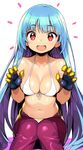  :d bangs belt bikini blue_hair breasts commentary_request eyebrows_visible_through_hair gloves happy kula_diamond long_hair looking_at_viewer medium_breasts navel open_mouth red_eyes shunin simple_background sitting smile solo swimsuit the_king_of_fighters white_background white_bikini 