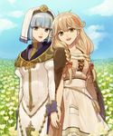  akke commentary_request day effie_(fire_emblem) field fire_emblem fire_emblem_echoes:_mou_hitori_no_eiyuuou flower flower_field grass holding holding_hands looking_at_viewer multiple_girls nun outdoors silk_(fire_emblem) smile 