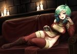  :d barbariank boots brick_wall candle commentary couch cup detached_sleeves drinking_glass elbow_rest full_body green_eyes green_hair hair_twirling indoors knee_boots long_hair looking_at_viewer no_panties open_mouth original pelvic_curtain reclining red_legwear sharp_teeth smile solo taut_clothes teeth thighhighs v-shaped_eyebrows 