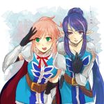  2girls armor belt blush cleavage estellise_sidos_heurassein frills green_eyes hair_bun judith lips open_mouth pink_hair pointy_ears ponytail purple_eyes purple_hair short_hair shoulder_pads tales_of_(series) tales_of_vesperia 