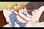  2boys bed blush eclairant licking lying male_focus necktie penis sweat testicles tongue undressing yaoi 