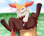  1girl animal_ears anus ass blue_background braixen censored clitoris cloud fang feet fox_ears fox_tail full_body furry gameplay_mechanics grass green_background heart legs_up looking_at_viewer lying masturbation mosaic_censoring no_humans on_back open_mouth outdoors paws pokemon pokemon_(creature) pokemon_xy presenting pussy pussy_juice red_eyes sky smile solo spread_legs spread_pussy sweat tail teeth urethra y_leaves 