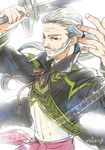  1boy beard coat grey_eyes grey_hair long_hair old_man ponytail rowen_j._ilbert smile sword tales_of_(series) tales_of_xillia weapon 