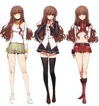  alternate_costume black_legwear boots brown_hair cosplay costume_chart cropped_jacket fate/extra fate/extra_ccc fate_(series) finger_to_mouth full_body gilgamesh gilgamesh_(cosplay) hand_on_hip jewelry kishinami_hakuno_(female) liusang long_hair looking_at_viewer midriff miniskirt multiple_persona navel necklace skirt standing thighhighs white_background yellow_eyes zettai_ryouiki 