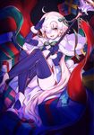  ahoge ass bell black_gloves black_legwear blonde_hair blush box capelet commentary_request elbow_gloves fate/grand_order fate_(series) flag fur_trim gift gift_box gloves hair_ribbon headpiece jeanne_d'arc_(fate)_(all) jeanne_d'arc_alter_santa_lily koto_suomi long_hair looking_at_viewer open_mouth ribbon salute shoes sitting solo teeth thighhighs white_capelet yellow_eyes 