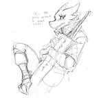  anthro black_and_white blush claws clothed clothing dialogue female guoh horn kobold lonely looking_at_viewer melee_weapon monochrome open_mouth scalie sharp_teeth simple_background sketch solo sword sword_sheath teeth text weapon white_background 