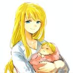  1boy 1girl baby blanket blonde_hair blue_eyes carrying eyebrows_visible_through_hair eyes_closed fullmetal_alchemist happy long_hair looking_at_viewer mother_and_son shirt short_hair simple_background sleeping smile spoilers tsukuda0310 white_background white_shirt winry_rockbell 