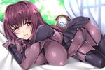  between_breasts blurry blurry_background blush bodysuit breasts clock covered_nipples curtains fate/grand_order fate_(series) garter_straps hair_intakes impossible_clothes indoors large_breasts long_hair looking_at_viewer on_bed parted_lips purple_bodysuit purple_eyes purple_hair rip@lip scathach_(fate)_(all) scathach_(fate/grand_order) solo thighhighs 