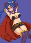  belt blue_eyes blue_hair blush breasts cape choker cleavage earrings facial_mark gloves jewelry large_breasts long_hair magical_halloween mitsugi navel nipples ponytail rosemary_bergamot solo thighhighs 