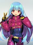  :d belt blue_hair blush breasts gloves kula_diamond long_hair looking_at_viewer medium_breasts open_mouth red_eyes shunin simple_background smile solo the_king_of_fighters very_long_hair w 