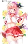  astolfo_(fate) blush braid fang fate/apocrypha fate/grand_order fate_(series) hair_ribbon long_hair looking_at_viewer male_focus midriff open_mouth otoko_no_ko panties pink_hair purple_eyes ribbon single_braid smile thighhighs underwear white_legwear white_panties yanagi_akane_(yousei_kinoko) 