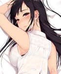  ane_naru_mono armpits black_bra black_hair blush bra chiyo_(ane_naru_mono) dakimakura highres long_hair looking_at_viewer looking_back mole mole_under_eye nape parted_lips pochi_(pochi-goya) purple_eyes see-through smile solo underwear 