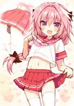  absurdres astolfo_(fate) blush braid fang fate/apocrypha fate/grand_order fate_(series) hair_ribbon heart highres long_hair male_focus midriff natsuki_marina navel open_mouth otoko_no_ko panties penis_in_panties pink_hair purple_eyes red_sailor_collar red_skirt ribbon sailor_collar school_uniform serafuku single_braid skirt smile thighhighs underwear 