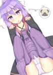  ? ahoge blush collarbone dog eyebrows_visible_through_hair highres long_hair looking_at_viewer parted_lips purple_eyes purple_hair purple_legwear reinama solo speech_bubble thighhighs vocaloid voiceroid yuzuki_yukari 