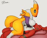  2017 anthro balls big_breasts breast_suck breasts butt canine digimon digital_media_(artwork) female fur guilmon j5furry male male/female mammal multicolored_fur nude penetration renamon scalie sex sucking vaginal vaginal_penetration white_balls 