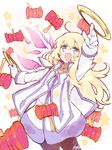  1girl blonde_hair blue_eyes blush capelet collet_brunel dress gloves long_hair open_mouth pantyhose star tales_of_(series) tales_of_symphonia weapon wings 