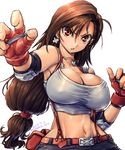  amania_orz breasts brown_hair cleavage commentary_request dated earrings elbow_pads final_fantasy final_fantasy_vii fingerless_gloves gloves jewelry large_breasts long_hair looking_at_viewer low-tied_long_hair midriff pencil_skirt red_eyes shirt skirt solo suspender_skirt suspenders tank_top taut_clothes taut_shirt tifa_lockhart twitter_username upper_body 