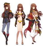  alternate_costume anklet bangs belt bikini blush boots bracelet brown_hair chain cosplay costume_chart costume_request earrings embarrassed epaulettes fate/extella fate/extra fate_(series) full_body gilgamesh gilgamesh_(caster)_(fate) gilgamesh_(caster)_(fate)_(cosplay) gold hand_on_hip hat jacket jacket_on_shoulders jewelry kishinami_hakuno_(female) liusang long_hair looking_at_viewer looking_down military military_uniform multiple_persona necklace open_clothes open_jacket peaked_cap slippers smile standing swimsuit uniform wavy_hair white_background yellow_bikini yellow_eyes 
