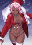  abs ahoge bikini breasts breasts_apart breath charat_(roki) christmas cowboy_shot dark_skin expressionless forehead_jewel front-tie_bikini front-tie_top gloves hair_ornament hairclip hat holding holding_sword holding_weapon jacket katana long_sleeves medium_breasts navel open_clothes open_jacket original pink_hair pom_pom_(clothes) red_bikini red_jacket red_legwear roki_(shouka65) sack santa_hat short_hair short_hair_with_long_locks snowing swimsuit sword thighhighs weapon white_gloves 
