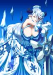  asymmetrical_bangs atatatamu bangs bare_shoulders bent_over blue_hair breasts cleavage draph dress elbow_gloves flower fur_trim gloves granblue_fantasy hair_between_eyes hair_flower hair_ornament hat highres horns ice izmir large_breasts leaning_on_object long_hair looking_at_viewer pointy_ears smile snowflake_hair_ornament snowflake_print solo swept_bangs sword weapon white_gloves 