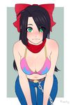  ahoge bikini_top black_hair blush borrowed_character bow breasts cleavage denim eyebrows_visible_through_hair green_eyes hair_bow hair_over_one_eye jeans knocks_(thinkingsandwich) large_breasts leaning_forward lips long_hair looking_at_viewer navel original pants razalor red_bow red_scarf scarf solo thigh_gap 