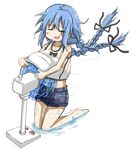  :3 =_= azumaya_(miyui001) barefoot blue_hair blush_stickers braid electric_fan fan hair_ribbon long_hair mushoku_tensei ribbon roxy_migurdia shorts simple_background sweat tank_top twin_braids unbuttoned white_background 