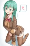  blush bow breasts brown_legwear collarbone eyebrows_visible_through_hair green_eyes green_hair heart highres kantai_collection kneeling large_breasts long_hair long_sleeves looking_at_viewer open_mouth red_bow reinama skirt smile solo speech_bubble spoken_heart suzuya_(kantai_collection) thighhighs 