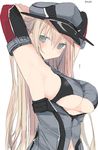  armpits arms_behind_head bare_shoulders bismarck_(kantai_collection) black_gloves blonde_hair blue_eyes blush breasts closed_mouth edogawa_nao elbow_gloves gloves grey_hat grey_jacket hair_between_eyes hat highres jacket kantai_collection large_breasts long_hair looking_at_viewer peaked_cap remodel_(kantai_collection) sideboob simple_background sketch solo twitter_username underboob white_background 
