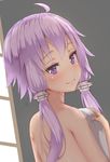  ahoge blush eyebrows_visible_through_hair hair_ornament highres long_hair looking_at_viewer purple_eyes purple_hair reinama short_hair_with_long_locks sidelocks smile solo upper_body vocaloid voiceroid yuzuki_yukari 