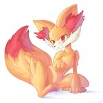  2017 ambiguous_gender ancesra black_nose fennekin feral fur hindpaw inner_ear_fluff looking_at_viewer nintendo pawpads paws pok&eacute;mon red_eyes red_fur simple_background solo video_games white_background white_fur yellow_fur 