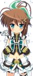  :3 absurdres ahoge azumaya_(miyui001) blue_eyes blush brown_hair clenched_hands cropped_jacket fang faulds fingerless_gloves fuuka_reventon gloves highres huracan_(vivid_strike!) jacket lyrical_nanoha magical_girl midriff navel open_clothes open_jacket ponytail thigh_strap vivid_strike! 