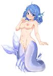  anus bad_revision blue_eyes blue_hair blush breasts censored_revision clitoris collarbone colored_eyelashes drill_hair hand_up head_fins highres karasawa-40 md5_mismatch medium_breasts medium_hair mermaid monster_girl navel nipples nude pussy solo touhou wakasagihime white_background 