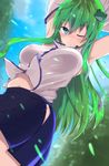  ;( armpits arms_up bangs belly belly_peek black_skirt blue_eyes blush breasts closed_mouth commentary_request cowboy_shot detached_sleeves frog_hair_ornament from_below green_hair hair_ornament hiiragi_ken hip_vent kochiya_sanae large_breasts long_hair looking_at_viewer miniskirt navel nontraditional_miko shirt skirt snake_hair_ornament solo stretch touhou white_shirt 