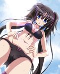  azumaya_(miyui001) bikini black_bikini black_hair blue_eyes breasts cameltoe cleavage day from_below hair_between_eyes hands_on_hips long_hair looking_down lyrical_nanoha medium_breasts nail_polish purple_nails sieglinde_jeremiah sky solo sweat swimsuit twintails very_long_hair vivid_strike! 