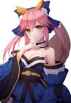  absurdres animal_ears blush bow breasts cleavage detached_sleeves fate/extra fate_(series) fox_ears fox_tail hair_bow hair_ribbon highres japanese_clothes large_breasts looking_at_viewer pink_hair ribbon saikou-iro_aurora simple_background solo tail tamamo_(fate)_(all) tamamo_no_mae_(fate) white_background yellow_eyes 