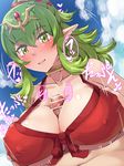  1girl bar_censor bikini blue_sky blush boris_(noborhys) breast_squeeze breasts censored chiki choker cloud collarbone covered_nipples day fire_emblem fire_emblem:_kakusei fire_emblem:_monshou_no_nazo fire_emblem_heroes front-tie_bikini front-tie_top green_eyes green_hair hair_ornament hair_ribbon hetero highres large_breasts long_hair looking_at_viewer mamkute motion_lines outdoors paizuri paizuri_under_clothes penis pointless_censoring pointy_ears ponytail precum red_bikini red_ribbon ribbon sky smile solo_focus strap_gap swimsuit 