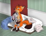  anthro bed canine disney female fox hi_res i_ship_it_real_hard judy_hopps lagomorph mammal morning nick_wilde nude nudy penis pillow plain_color rabbit smile solid_color zootopia 