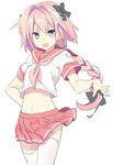  astolfo_(fate) braid fate/apocrypha fate/grand_order fate_(series) hair_ribbon long_hair looking_at_viewer male_focus midriff open_mouth otoko_no_ko pink_hair purple_eyes ribbon single_braid skirt smile solo thighhighs totemotsu_rai white_legwear 