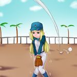  1girl alternate_costume artist_request baseball baseball_glove baseball_uniform belt between_legs blonde_hair blue_hat blush braid cloud french_braid glove green_eyes hand_between_legs hands_together hat have_to_pee knees_together_feet_apart lillie_(pokemon) long_hair long_sleeves looking_down outdoors palm_tree pants pokemon pokemon_(anime) pokemon_sm pokemon_sm_(anime) shirt sky solo tears tree trembling uniform white_pants white_shirt 