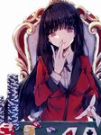  black_hair black_ribbon blush breasts card chair commentary_request fingernails fingers_to_mouth formal highres hime_cut jabami_yumeko kakegurui lips long_hair looking_at_viewer medium_breasts playing_card poker_chip red_eyes red_suit ribbon school_uniform shirt sitting smile solo suit suit_jacket upper_body very_long_hair white_background ykelo 