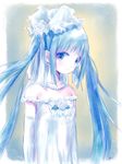  aqua_eyes aqua_hair bare_shoulders dress elbow_gloves gloves hatsune_miku headdress highres jewelry kowiru long_hair looking_at_viewer necklace solo standing twintails vocaloid wedding_dress white_dress 