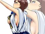  armpits blush breasts brown_eyes brown_hair from_side hakama hyudora japanese_clothes kaga_(kantai_collection) kantai_collection large_breasts no_bra profile side_ponytail sideboob simple_background solo sweat upper_body white_background wide_sleeves zoom_layer 