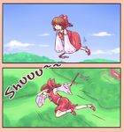  2koma :&lt; border bow brown_eyes brown_hair comic dab_(dance) floating flying frown hair_bow hair_tubes hakurei_reimu highres looking_at_viewer looking_away pink_border red_bow scarlet_devil_mansion short_hair sound_effects touhou yoruny 