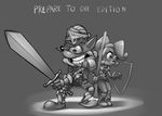  armor bandicoot coco_bandicoot crash_bandicoot crash_bandicoot_(series) english_text female male mammal marsupial melee_weapon monochrome shield sword text unknown_artist video_games weapon 