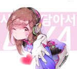  :3 bad_id bad_pixiv_id blush bodysuit brown_hair character_name d.va_(overwatch) eyebrows_visible_through_hair heart looking_at_viewer one_eye_closed overwatch panza smile solo twitter_username yellow_eyes 