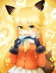  animal_ears blonde_hair blush breast_pocket eyebrows_visible_through_hair ezo_red_fox_(kemono_friends) fang fox_ears fox_tail kemono_friends long_hair looking_at_viewer necktie open_mouth pocket saebashi signature solo tail teeth yellow_eyes yellow_neckwear 